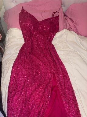 Hot Pink Form Fitting Sequin Prom Dress